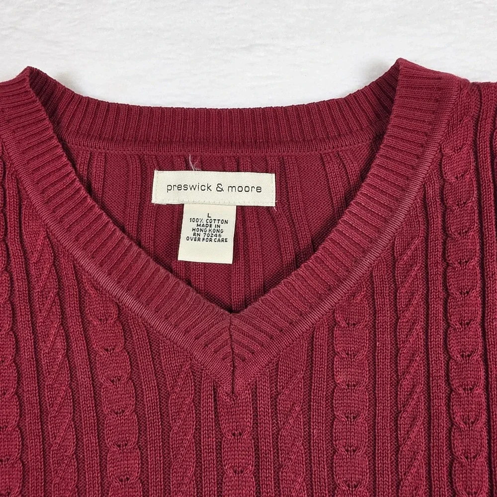 Preswick & Moore Mens Large Burgundy Red‎ Cable Knit Cotton V-Neck Sweater Vest